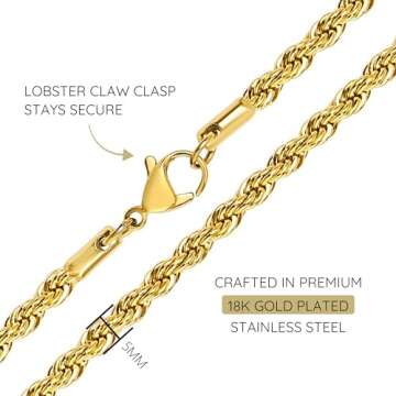 KISPER 18k Gold Hip Hop Rope Chain Necklace – 5mm Thick Gold Plated Stainless Steel Jewelry for Women & Men with Lobster Clasp, 18"