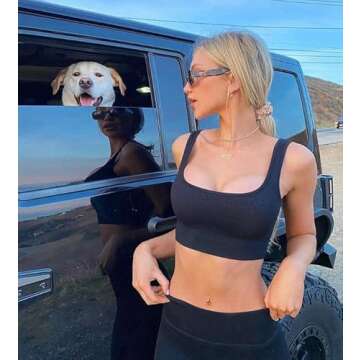 OLCHEE Women's Sexy 2 Piece Workout Outfits - Seamless Ribbed Shorts and Square-Cut Sports Bra Yoga Activewear Set - Black Size M