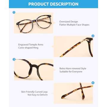 Firmoo Blue Light Blocking Glasses for Women/Men, Oversize Bluelight Glasses Vintage Round Tortoise Shell Computer Glasses Anti Glare Reduce Eye Strain