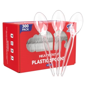 JOLLY CHEF Heavy Duty Clear Plastic Spoons - 300 Count Bulk for Parties, Weddings, and Gatherings