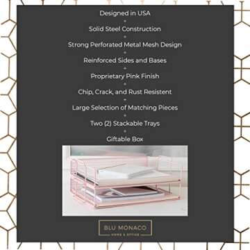 Blu Monaco Pink Desk Organizer Stackable Paper Tray Set of 2 - Metal Wire Two Tier Tray - Stackable Letter Tray - Inbox Tray for Desk