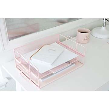 Blu Monaco Pink Desk Organizer Stackable Paper Tray Set of 2 - Metal Wire Two Tier Tray - Stackable Letter Tray - Inbox Tray for Desk