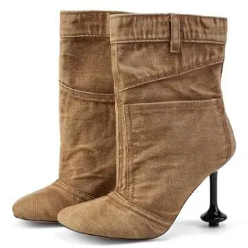 CAGLGLZ Jeans Boots for Women High Heels Square Toe Ankle Short Denim Booties Retro Cowboy Cowgirl with Zipper Fashion Casual Shoes (brown,8)