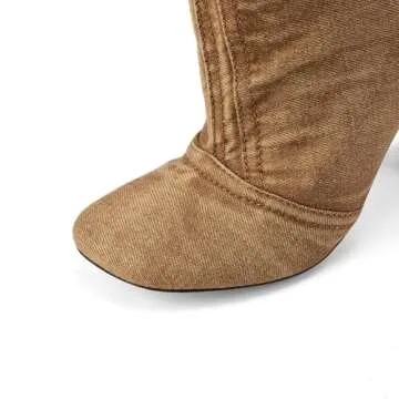 CAGLGLZ Jeans Boots for Women High Heels Square Toe Ankle Short Denim Booties Retro Cowboy Cowgirl with Zipper Fashion Casual Shoes (brown,8)