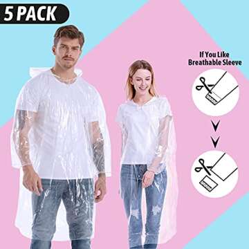 CeroPro Disposable Rain Ponchos for Adults, 5 Pack Clear Ponchos with Hood Family Pack Emergency Disposable Poncho
