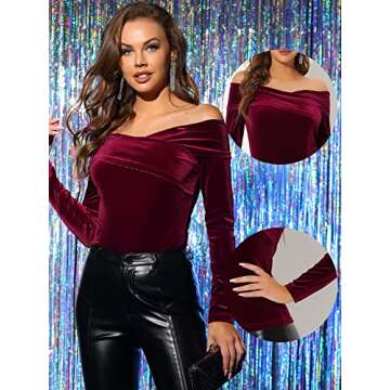 Allegra K Velvet Top for Women's Slim Fit Long Sleeve Off-Shoulder Blouse Large Burgundy