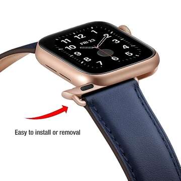 OMIU Square Bands Compatible with Apple Watch Band 38mm 40mm 41mm 42mm 44mm 45mm 49mm, Genuine Leather Wristband Starp for iWatch SE Series 8 7 6 5 4 3 2 1 Utral for Women Men(Darkblue/Rose Gold)