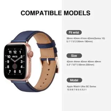 OMIU Square Bands Compatible with Apple Watch Band 38mm 40mm 41mm 42mm 44mm 45mm 49mm, Genuine Leather Wristband Starp for iWatch SE Series 8 7 6 5 4 3 2 1 Utral for Women Men(Darkblue/Rose Gold)