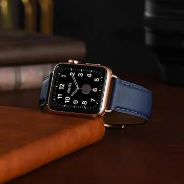 OMIU Square Bands Compatible with Apple Watch Band 38mm 40mm 41mm 42mm 44mm 45mm 49mm, Genuine Leather Wristband Starp for iWatch SE Series 8 7 6 5 4 3 2 1 Utral for Women Men(Darkblue/Rose Gold)