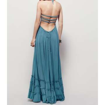 R.Vivimos Womens Summer Boho Sexy Backless Long Dresses (Small, Blue)