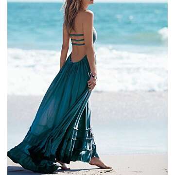 R.Vivimos Womens Summer Boho Sexy Backless Long Dresses (Small, Blue)