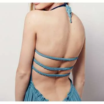 R.Vivimos Womens Summer Boho Sexy Backless Long Dresses (Small, Blue)