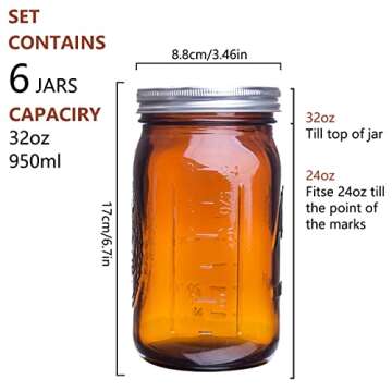 eleganttime Amber Glass Mason Jars 32 oz Wide Mouth with Airtight Lids and Bands 6 Pack Large Glass ...