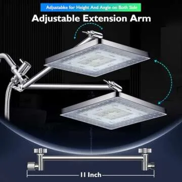 PinWin Shower Head, 8'' Dual Rain Shower Head with 11'' Adjustable Extension Arm, 7-Setting High-Pressure Handheld Combo, Rainfall LED Shower Head Water Temperature Controlled Color Changing,Chrome
