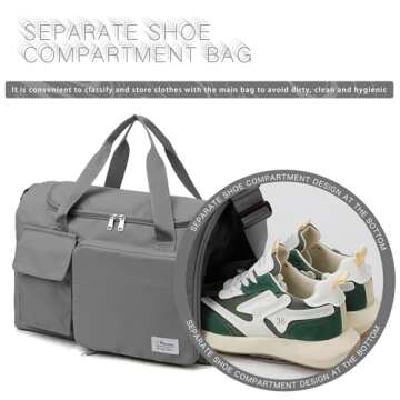 Small Gym Bag for Women, Waterproof Travel Duffle Bag Carry On Weekender Bag with Shoe Compartment & Wet Pocket, Gym Tote Bag for Travel, Workout, Sport (Grey)