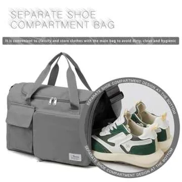 Small Gym Bag for Women, Waterproof Travel Duffle Bag Carry On Weekender Bag with Shoe Compartment & Wet Pocket, Gym Tote Bag for Travel, Workout, Sport (Grey)