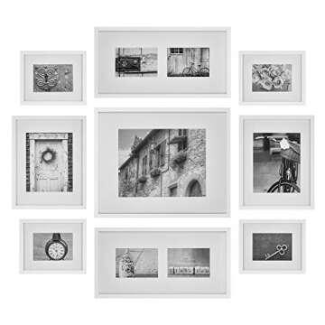 Gallery Perfect 9 Piece White Photo Frame Gallery Wall Kit with Decorative Art Prints & Hanging Template