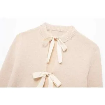 Tie Front Cardigan for Women Y2K Long Sleeve Open Front Chunky Knit Sweaters Tops Casual 2024 Fall Knitwears Apricot