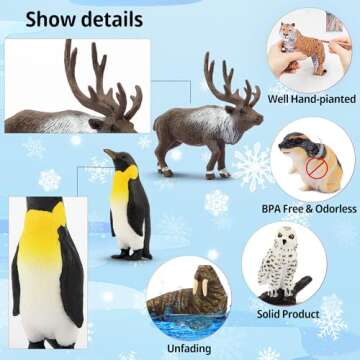 Toymany 14PCS Mini Arctic Animals Figurines Set, Polar Animals Toys with Polar Bear, Caribou, Penguin, Walrus, Wolf Figurines Cake Toppers Birthday Easter Gifts for Preschool Kids