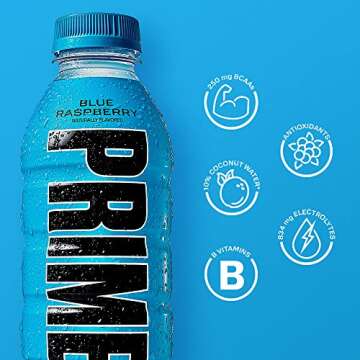 PRIME Hydration BLUE RASPBERRY | Sports Drinks | Electrolyte Enhanced for Ultimate Hydration | 250mg BCAAs | B Vitamins | Antioxidants | 2g Of Sugar | 16.9 Fluid Ounce | 12 Pack