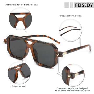 FEISEDY Vintage Square 70s Flat Aviator Sunglasses Women Men Classic Retro Stylish Frame UV400 Sunglasses B2622