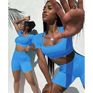 OLCHEE Womens Workout Sets 2 Piece - Seamless Ribbed Gym Outfits Short Sleeve Crop Top and Mini Shorts Matching Yoga Clothes - Sky Blue Large