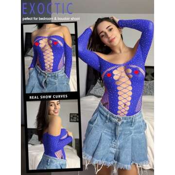 Avidlove Blue Rhinestone Sparkle Bodysuit Mesh Long Sleeve Tops for Women Fishnet Lingeries Fishnet Teddy Lingerie