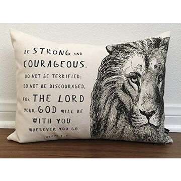 alerie Sassoon Christian Lion Scripture Pillow Cover Joshua 1:9 Prayer Cushion 12x16 Cotton Canvas Bible Christian Gift