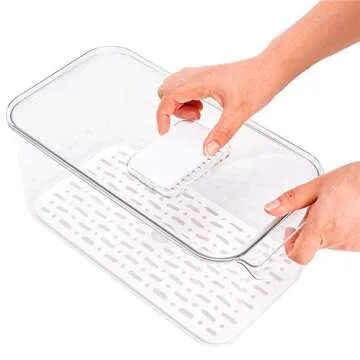 SANNO Produce Saver Refrigerator Organizer Bins with Lids And Removable Drain Tray Food Storage Container Fridge Stackable Freezer Bins For Kitchen Produce Fruit Vegetable (Set of 2)