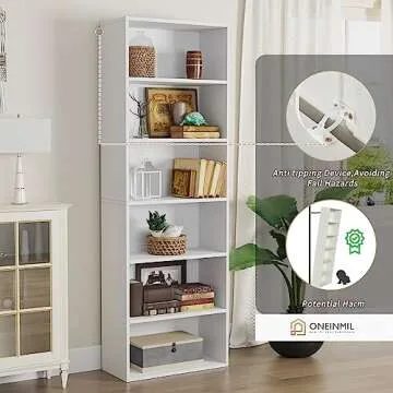 oneinmil Bookcase and Bookshelf, Floor Standing 6-Tier High Bookshelf, Display Storage Rack, Home Decorative Furniture, Suitable for Home Offices, Living Rooms, and Bedrooms,White