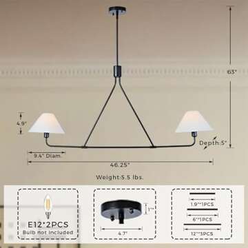 2-Light Linen Pendant Light, Mid-Century Linear Light Fixture with White Linen Tapered Shade, Lighti...