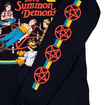 Ripple Junction Steven Rhodes Men’s Long Sleeve T-Shirt Let's Summon Demons Pentagram Retro Dark Humor Black XL
