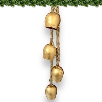 RIYLBEX Christmas Gold Metal Bells with Jute Hanging Rope Set of 4 Vintage Decorative Bell Chime Wal...