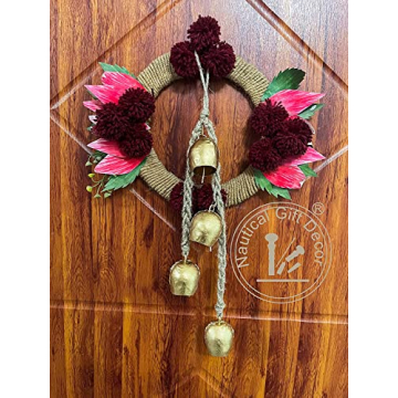 RIYLBEX Christmas Gold Metal Bells with Jute Hanging Rope Set of 4 Vintage Decorative Bell Chime Wall Hanging Brass Finish Home Decor Bells for Christmas, Easter & Winter Holiday