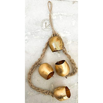 RIYLBEX Christmas Gold Metal Bells with Jute Hanging Rope Set of 4 Vintage Decorative Bell Chime Wall Hanging Brass Finish Home Decor Bells for Christmas, Easter & Winter Holiday