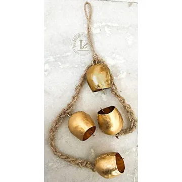 RIYLBEX Christmas Gold Metal Bells with Jute Hanging Rope Set of 4 Vintage Decorative Bell Chime Wall Hanging Brass Finish Home Decor Bells for Christmas, Easter & Winter Holiday