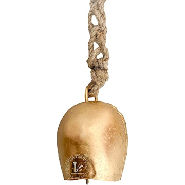 RIYLBEX Christmas Gold Metal Bells with Jute Hanging Rope Set of 4 Vintage Decorative Bell Chime Wall Hanging Brass Finish Home Decor Bells for Christmas, Easter & Winter Holiday