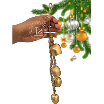 RIYLBEX Christmas Gold Metal Bells with Jute Hanging Rope Set of 4 Vintage Decorative Bell Chime Wall Hanging Brass Finish Home Decor Bells for Christmas, Easter & Winter Holiday