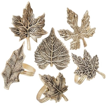 Alpha Living Home Harvest Fall Leaf Napkin Rings Assorted - Set of 12 for Christmas, Dinner Parties, Weddings, Thanksgiving, or Everyday Daily Use Table Decor Accessories - Antique Gold