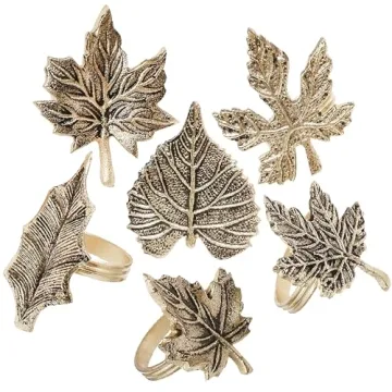 Alpha Living Home Harvest Fall Leaf Napkin Rings Assorted - Set of 12 for Christmas, Dinner Parties, Weddings, Thanksgiving, or Everyday Daily Use Table Decor Accessories - Antique Gold