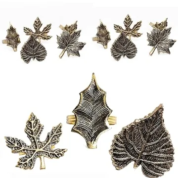 Alpha Living Home Harvest Fall Leaf Napkin Rings Assorted - Set of 12 for Christmas, Dinner Parties, Weddings, Thanksgiving, or Everyday Daily Use Table Decor Accessories - Antique Gold