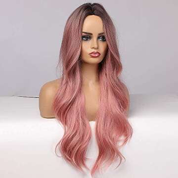 JOOLER Pink Wigs For Women Wig Ombre Long Natural Hair Color Middle Part 24 Inch Heat Resistant (PINK)…