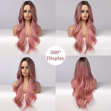 JOOLER Pink Wigs For Women Wig Ombre Long Natural Hair Color Middle Part 24 Inch Heat Resistant (PINK)…