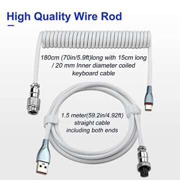 UCINNOVATE Pro Custom Coiled 1.8M USB C Cable for Gaming Keyboard, Double-Sleeved Mechanical Keyboard Cable with Detachable Metal Aviator, White
