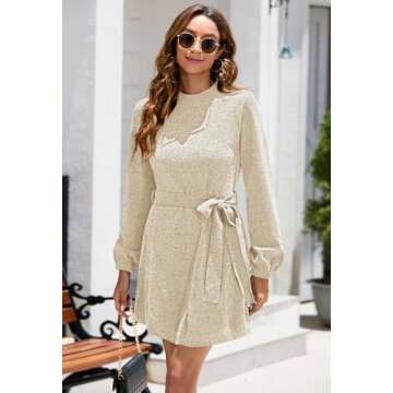 HAPCOPE Women's 2024 Fall Winter Elegant Chenille Sweater Dress Mock Neck Long Sleeve Short Dress with Belt Apricot S
