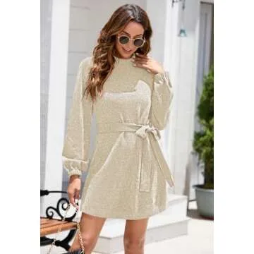 HAPCOPE Women's 2024 Fall Winter Elegant Chenille Sweater Dress Mock Neck Long Sleeve Short Dress with Belt Apricot S