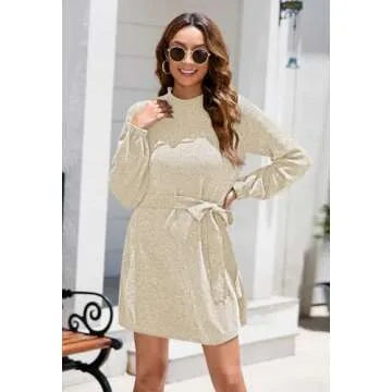 HAPCOPE Women's 2024 Fall Winter Elegant Chenille Sweater Dress Mock Neck Long Sleeve Short Dress with Belt Apricot S