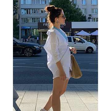 Ulekuke Womens 2 Piece Outfits Casual Loungewear Sets Stripe Long Sleeve Shirt And Loose High Waisted Mini Shorts Set(WH-L)