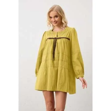 MISSACTIVER Women Long Puff Sleeve Flowy Mini Dress Cute Bow Tie Front Babydoll Dress Trendy Embroid...