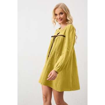 MISSACTIVER Women Long Puff Sleeve Flowy Mini Dress Cute Bow Tie Front Babydoll Dress Trendy Embroidered A-line Tunic Dresses Green